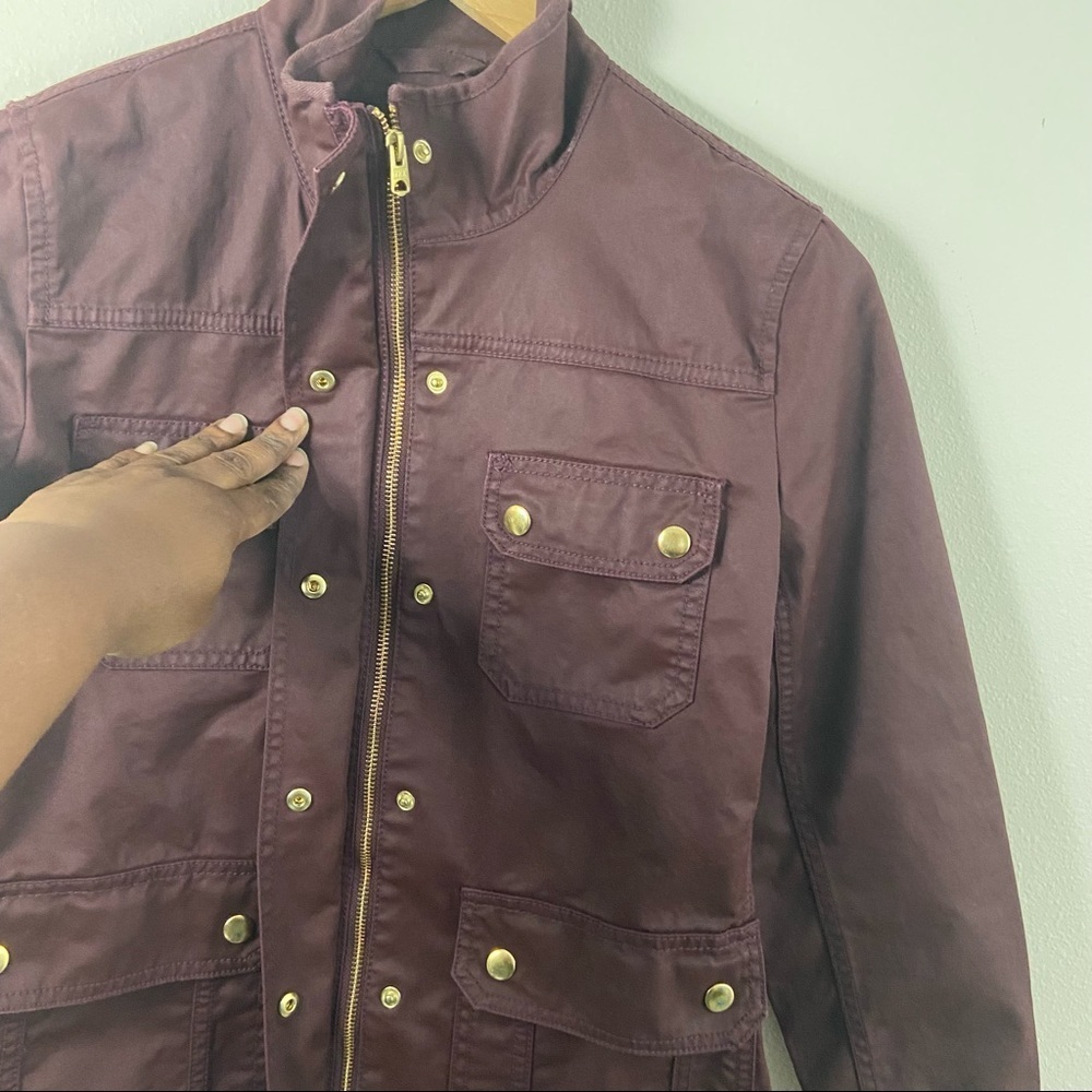 J. Crew Downtown Field Jacket Burgundy Wax Cotton Snap Buttons Sz PM - Picture 6 of 11